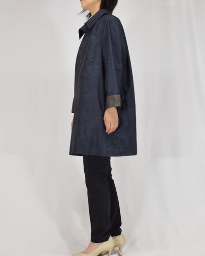 Open-Collar Tunic, Navy Botanical Motif, Upcycled Kimono Fabric