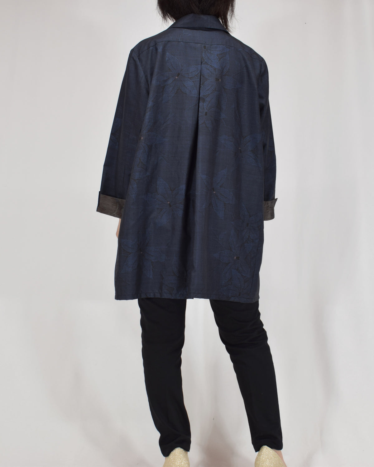 Open-Collar Tunic, Navy Botanical Motif, Upcycled Kimono Fabric