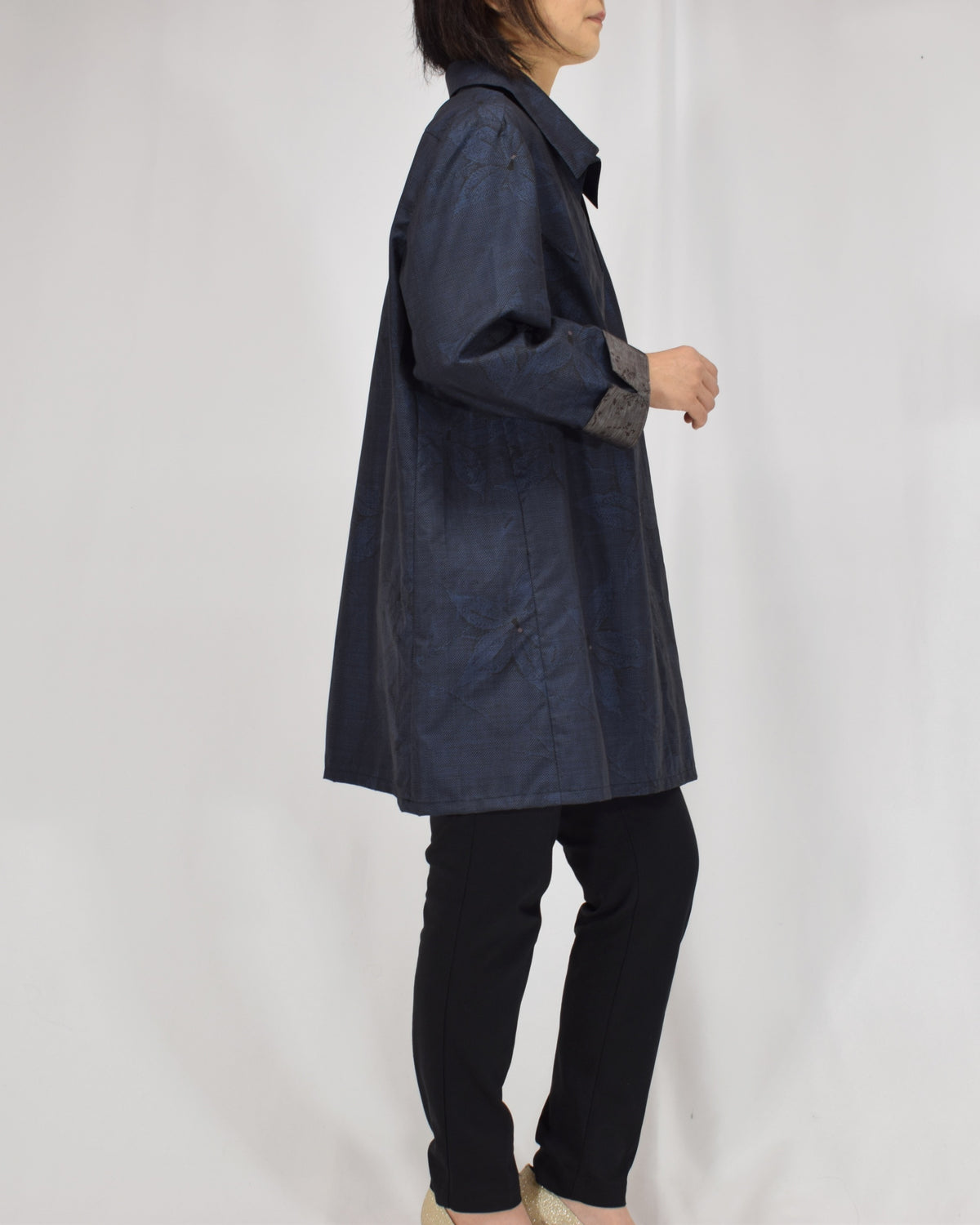 Open-Collar Tunic, Navy Botanical Motif, Upcycled Kimono Fabric