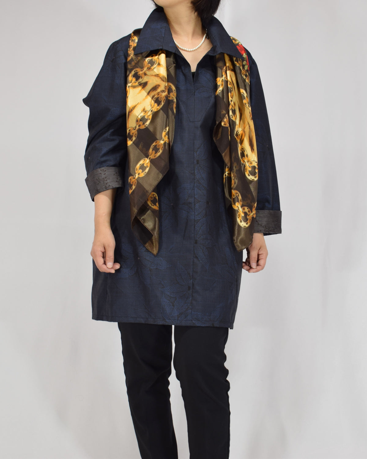 Open-Collar Tunic, Navy Botanical Motif, Upcycled Kimono Fabric