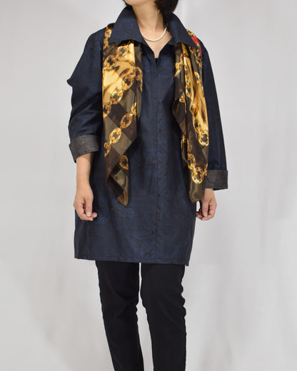 Open-Collar Tunic, Navy Botanical Motif, Upcycled Kimono Fabric