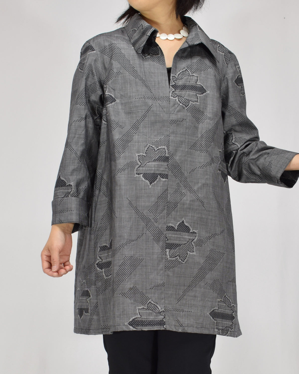 Open-Collar Tunic, Gray Geometric and Leaf Motifs, Upcycled Kimono Fabric
