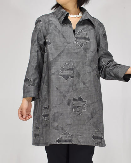 Open-Collar Tunic, Gray Geometric and Leaf Motifs, Upcycled Kimono Fabric