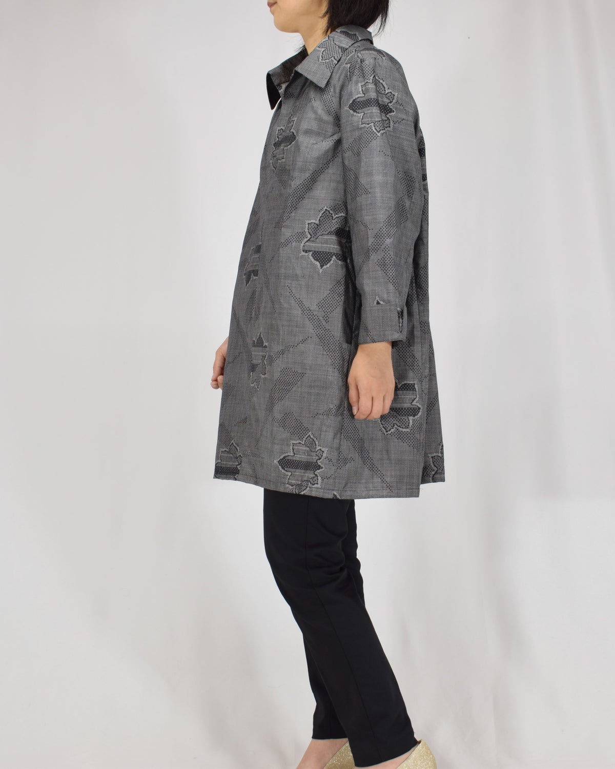 Open-Collar Tunic, Gray Geometric and Leaf Motifs, Upcycled Kimono Fabric