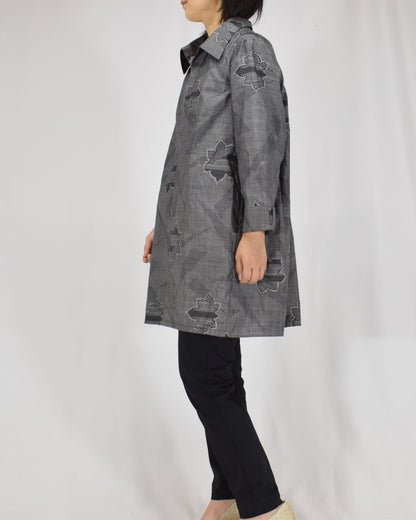 Open-Collar Tunic, Gray Geometric and Leaf Motifs, Upcycled Kimono Fabric