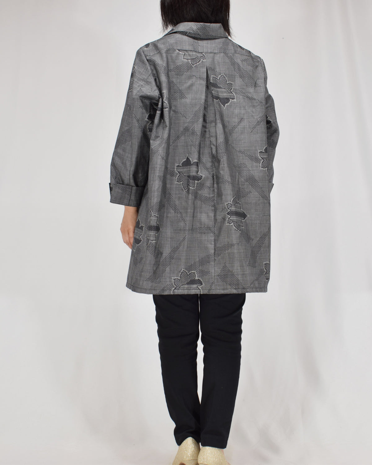 Open-Collar Tunic, Gray Geometric and Leaf Motifs, Upcycled Kimono Fabric
