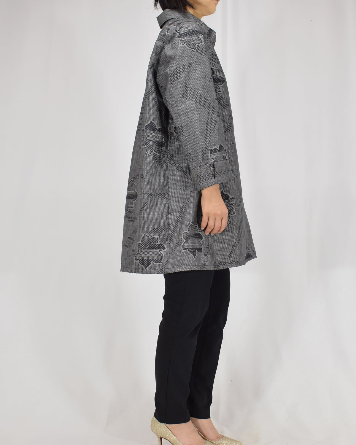 Open-Collar Tunic, Gray Geometric and Leaf Motifs, Upcycled Kimono Fabric