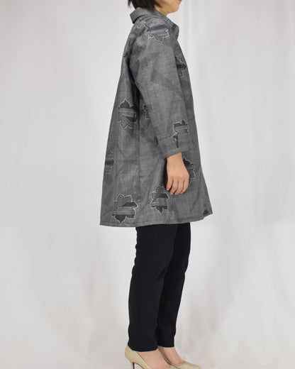 Open-Collar Tunic, Gray Geometric and Leaf Motifs, Upcycled Kimono Fabric