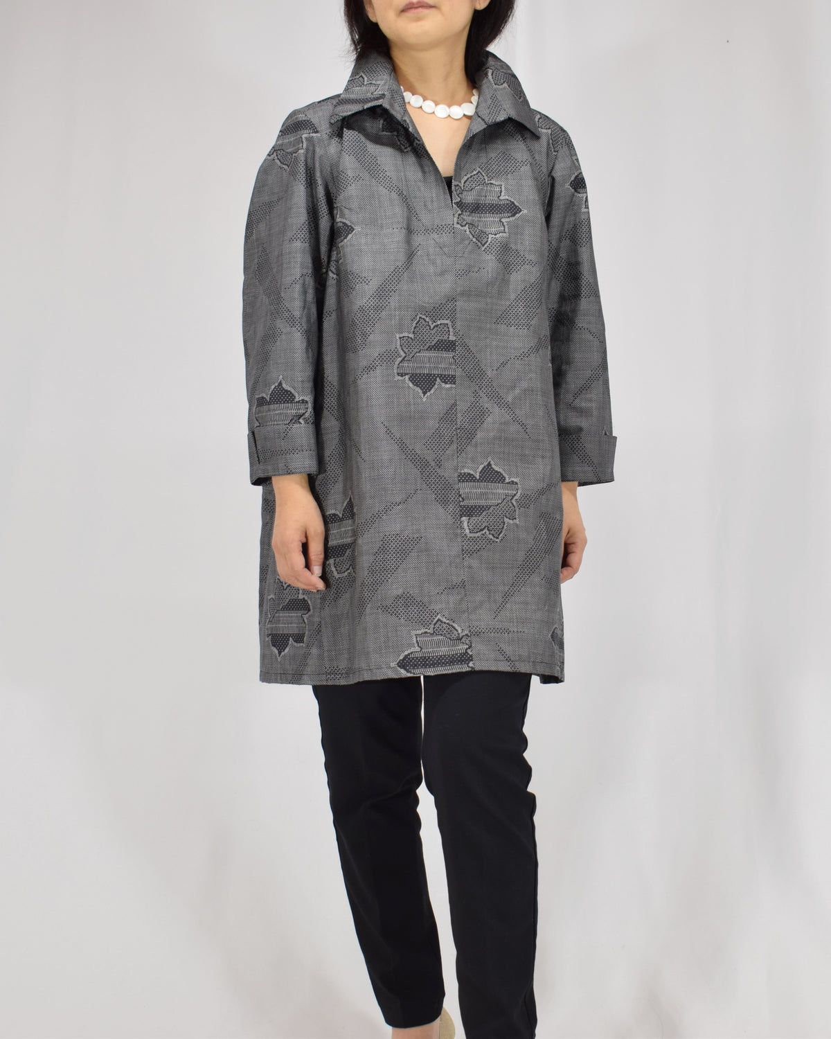 Open-Collar Tunic, Gray Geometric and Leaf Motifs, Upcycled Kimono Fabric