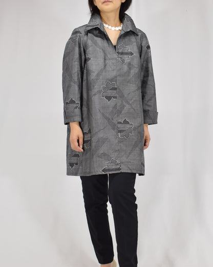Open-Collar Tunic, Gray Geometric and Leaf Motifs, Upcycled Kimono Fabric