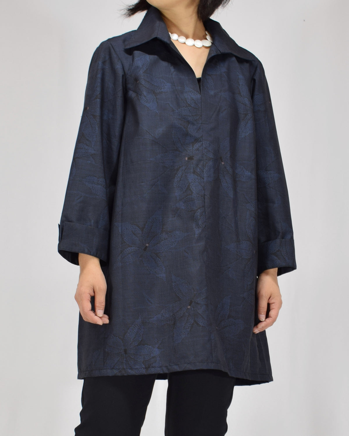 Open-Collar Tunic, Navy Botanical Motif, Upcycled Kimono Fabric