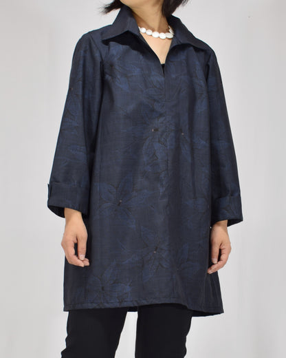 Open-Collar Tunic, Navy Botanical Motif, Upcycled Kimono Fabric