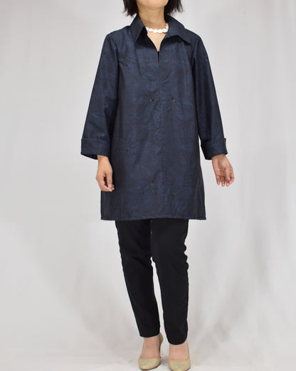 Open-Collar Tunic, Navy Botanical Motif, Upcycled Kimono Fabric
