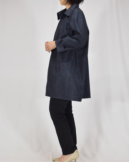 Open-Collar Tunic, Navy Botanical Motif, Upcycled Kimono Fabric