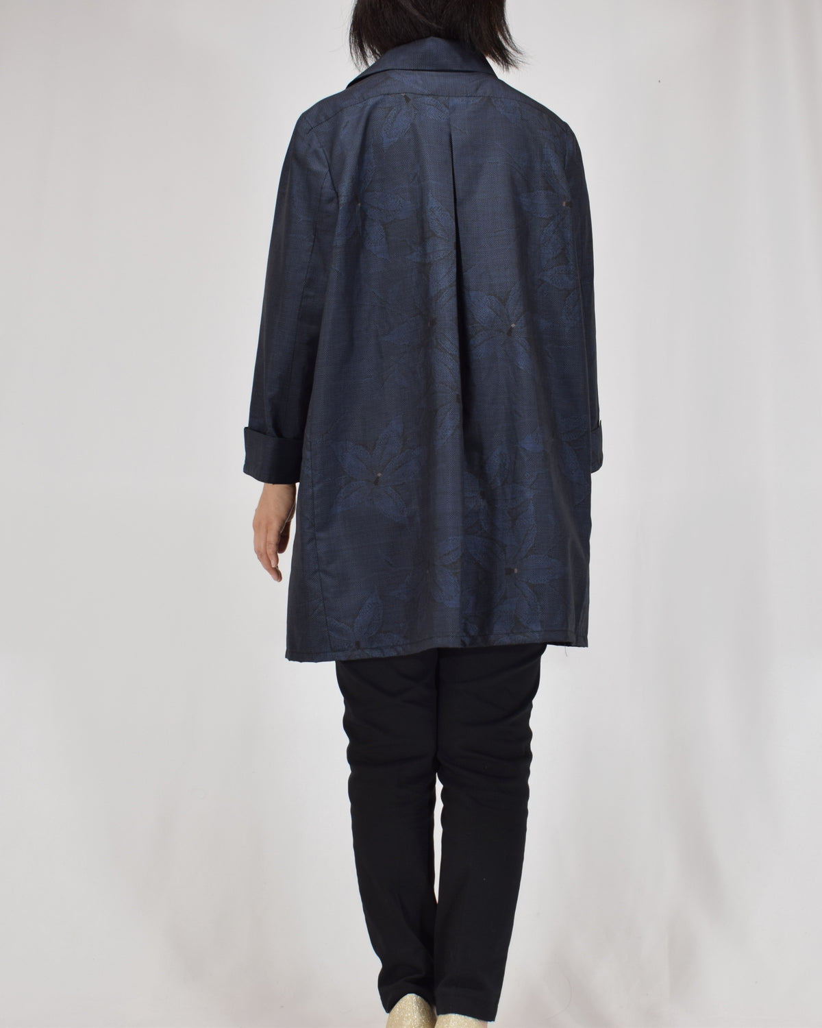 Open-Collar Tunic, Navy Botanical Motif, Upcycled Kimono Fabric
