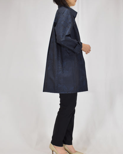 Open-Collar Tunic, Navy Botanical Motif, Upcycled Kimono Fabric