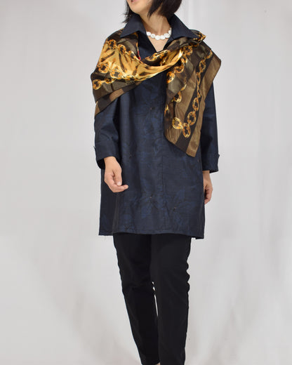 Open-Collar Tunic, Navy Botanical Motif, Upcycled Kimono Fabric