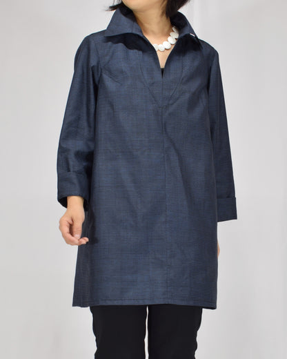 Open-Collar Tunic, Navy Fine Geometric Motif, Upcycled Kimono Fabric