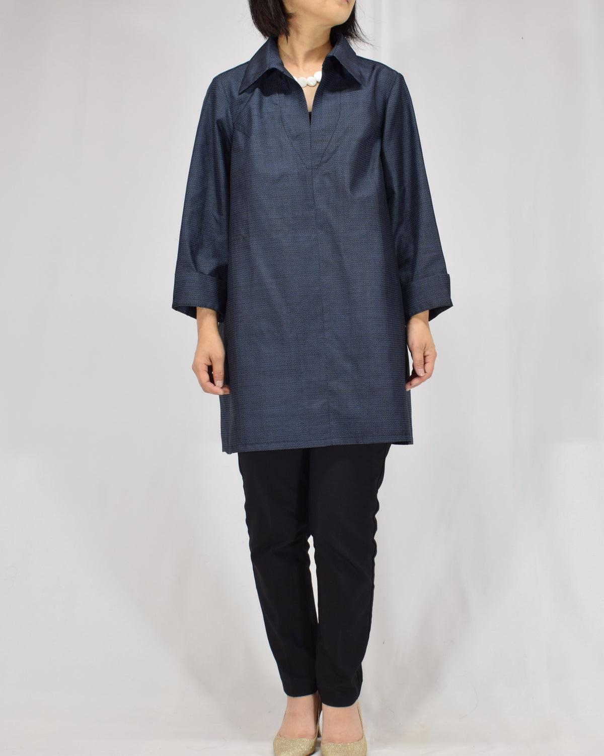 Open-Collar Tunic, Navy Fine Geometric Motif, Upcycled Kimono Fabric
