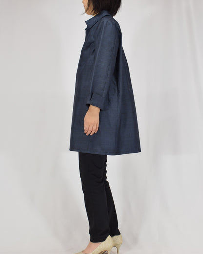 Open-Collar Tunic, Navy Fine Geometric Motif, Upcycled Kimono Fabric