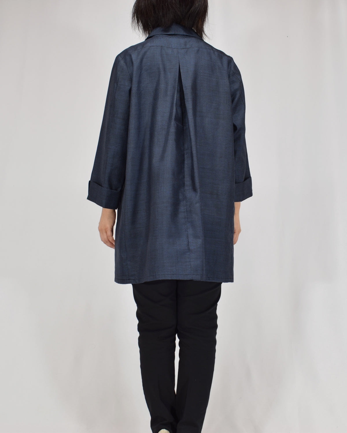 Open-Collar Tunic, Navy Fine Geometric Motif, Upcycled Kimono Fabric