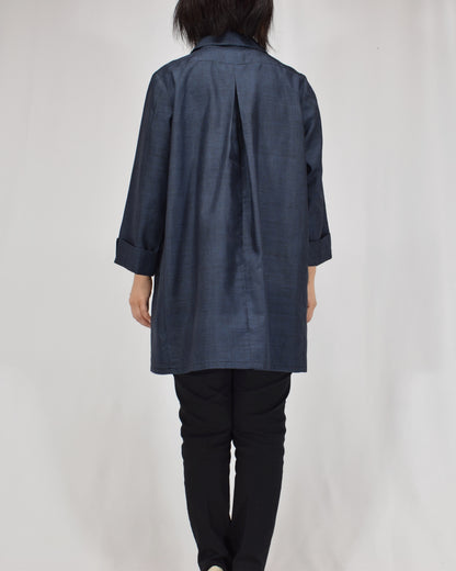 Open-Collar Tunic, Navy Fine Geometric Motif, Upcycled Kimono Fabric