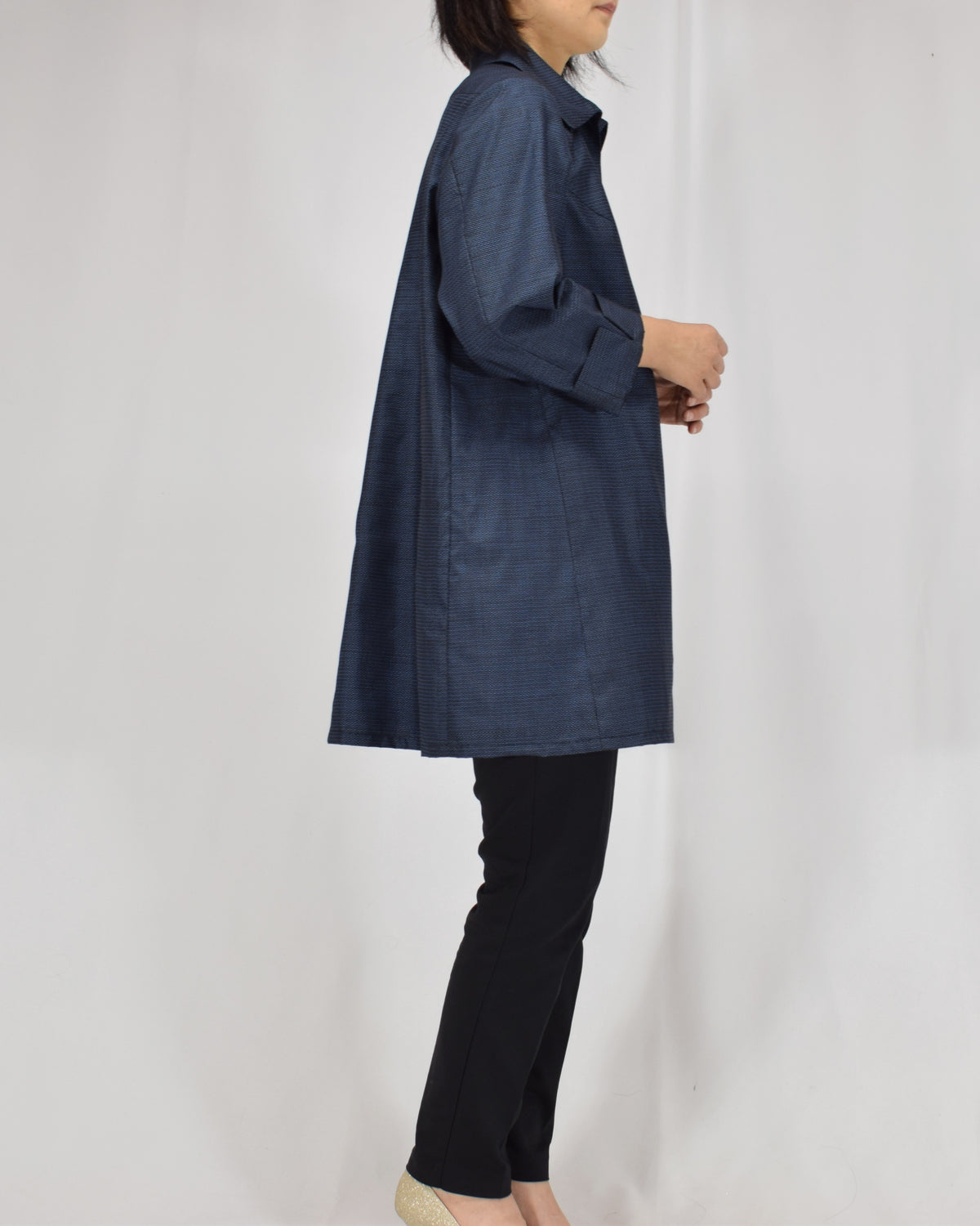 Open-Collar Tunic, Navy Fine Geometric Motif, Upcycled Kimono Fabric