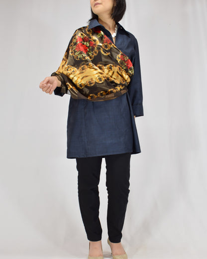 Open-Collar Tunic, Navy Fine Geometric Motif, Upcycled Kimono Fabric